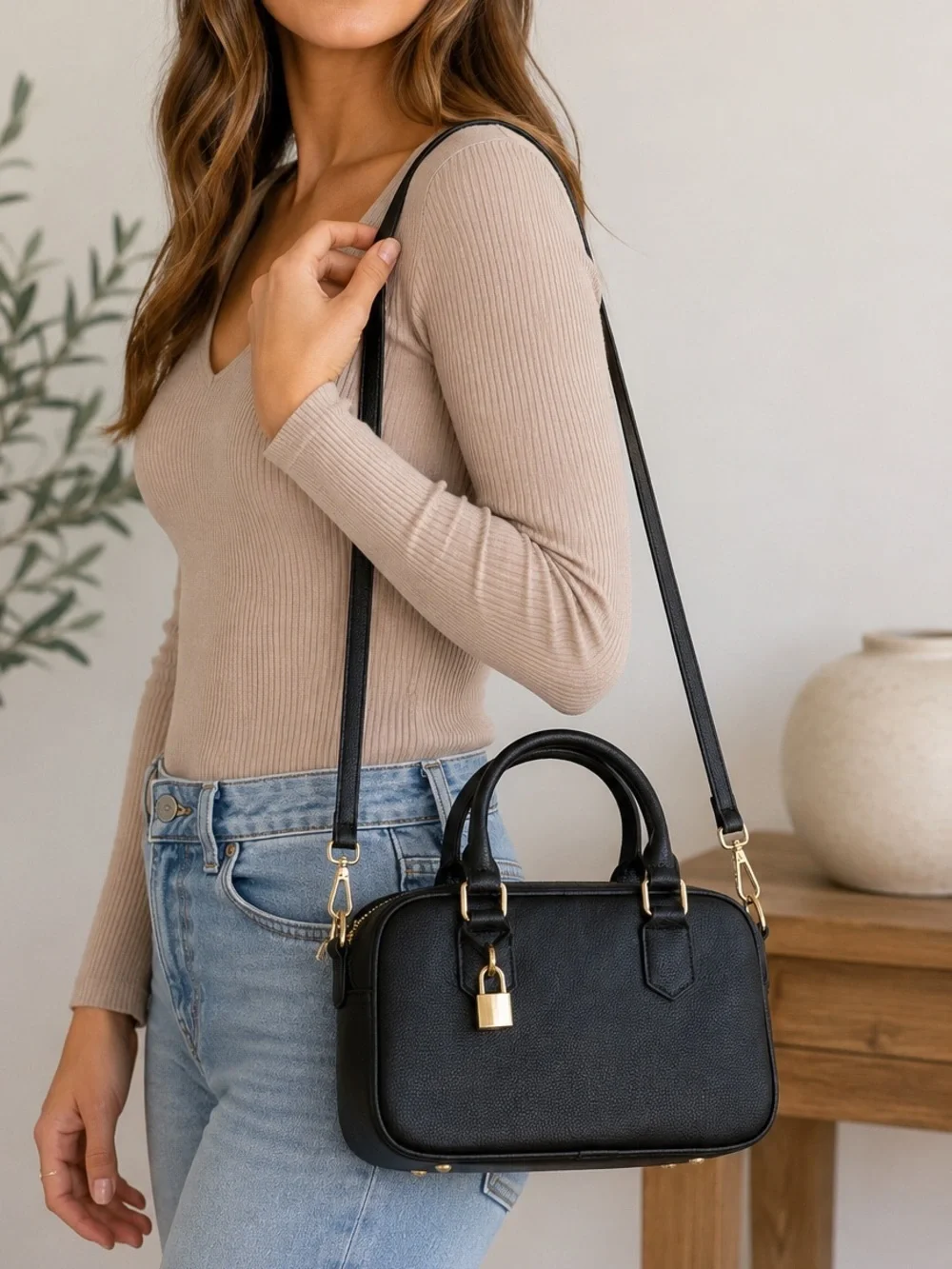Kayla Ava Black Faux Leather Satchel Crossbody Bag Gold Hardware Floral Lining